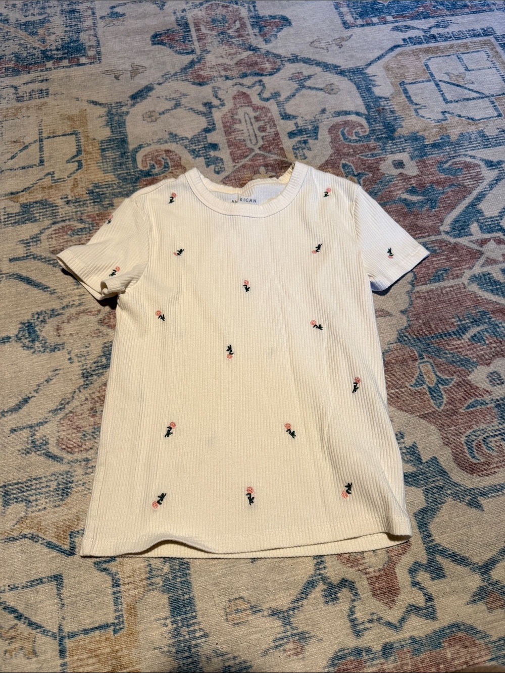 American Eagle Outfitters Girls' Cream Ribbed Tee with Embroidered Flowers